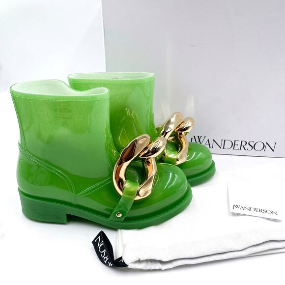 JW Anderson Chain Rain Boots‎ Green Rubber Chunky Gold Ankle Sz 36 / 6 - Picture 2 of 14